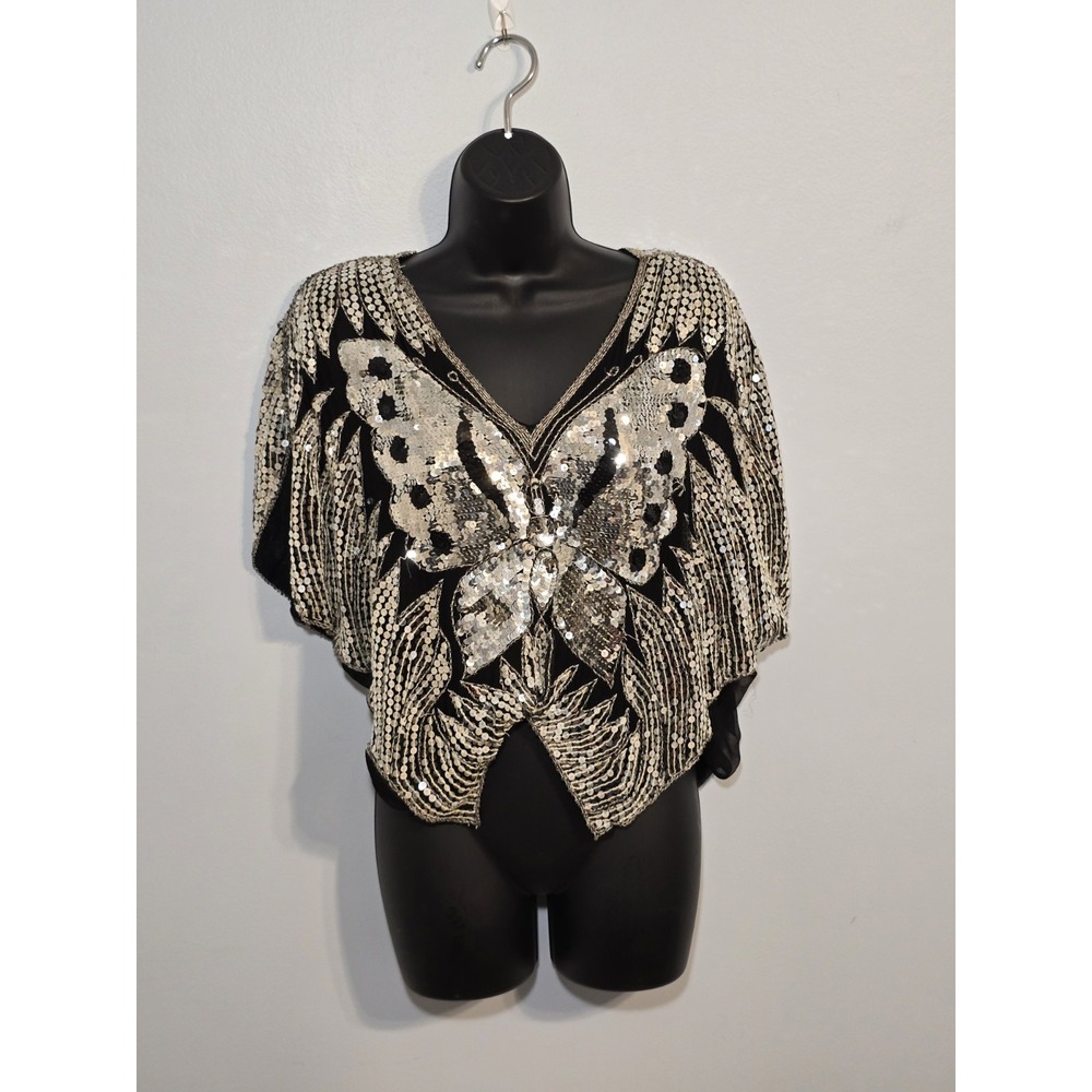Women's Silk Silver & Black Sequins Butterfly Cape Top Festival Party Art Deco